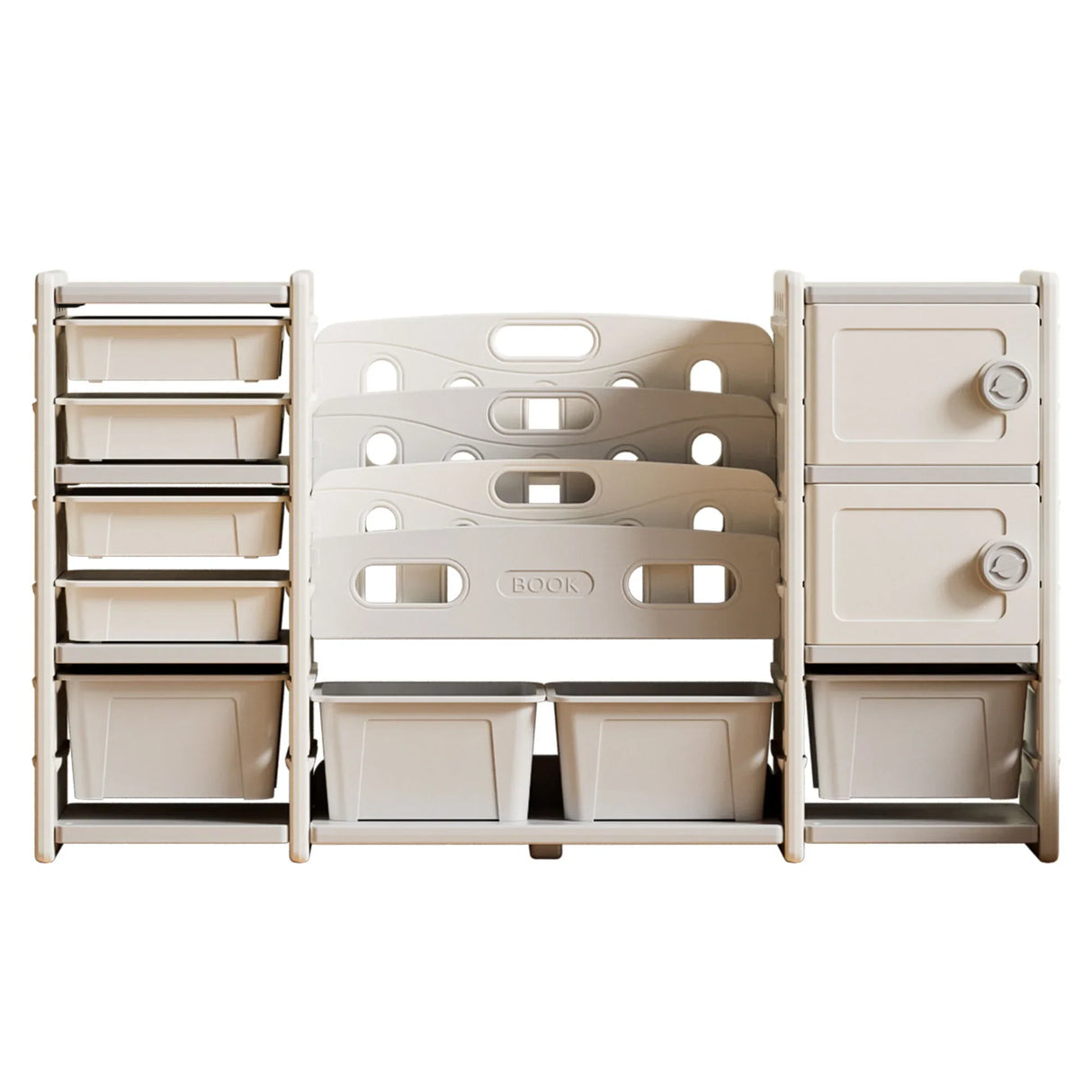 Kids Toy Storage Organizer With 8 Removable Toy Bins, 4 Tier Bookshelf, And 2 Cabinet Storage - Gray / Ivory - Furniture Home Direct