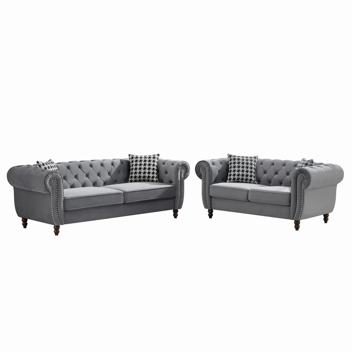 Chesterfield 3 And 2 Seater Velvet Upholstery Sofa With Roll Armrest & Nailhead Fabric Couch - Furniture Home Direct