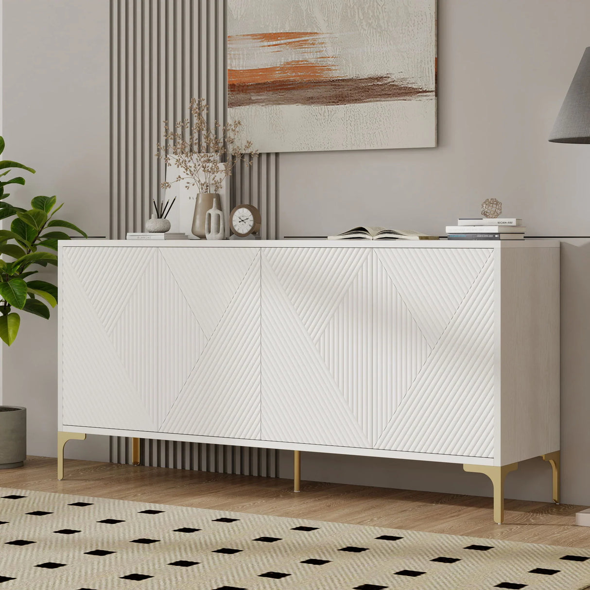 Modern Wood Sideboard Cabinet With Carved Door Panels, Adjustable Shelves, And Sturdy Metal Legs - Furniture Home Direct