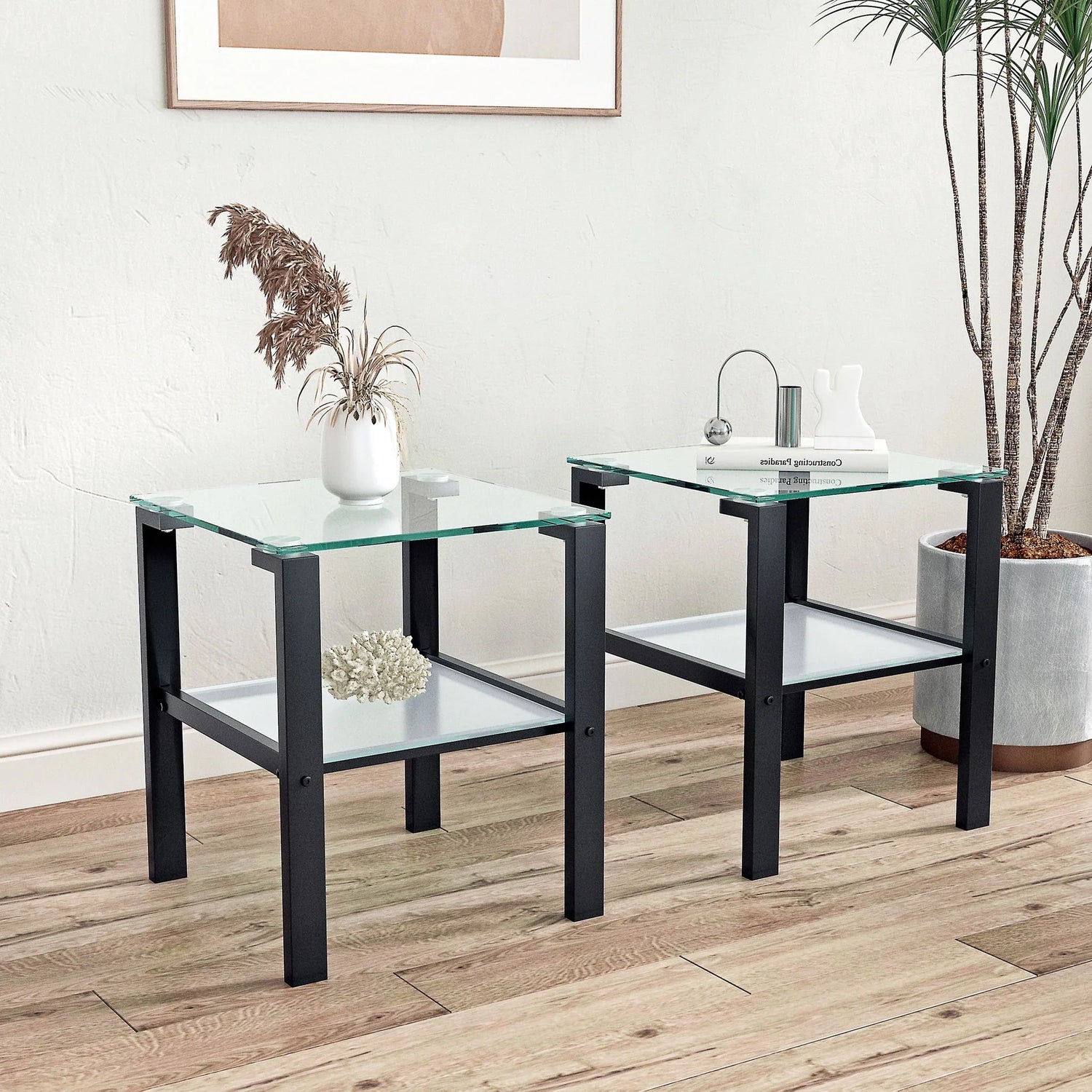 Glass Two Layer Tea Table, Small Round Table, Bedroom Corner Table, Living Room Side Table, Transparent (Set of 2) - Black - Furniture Home Direct