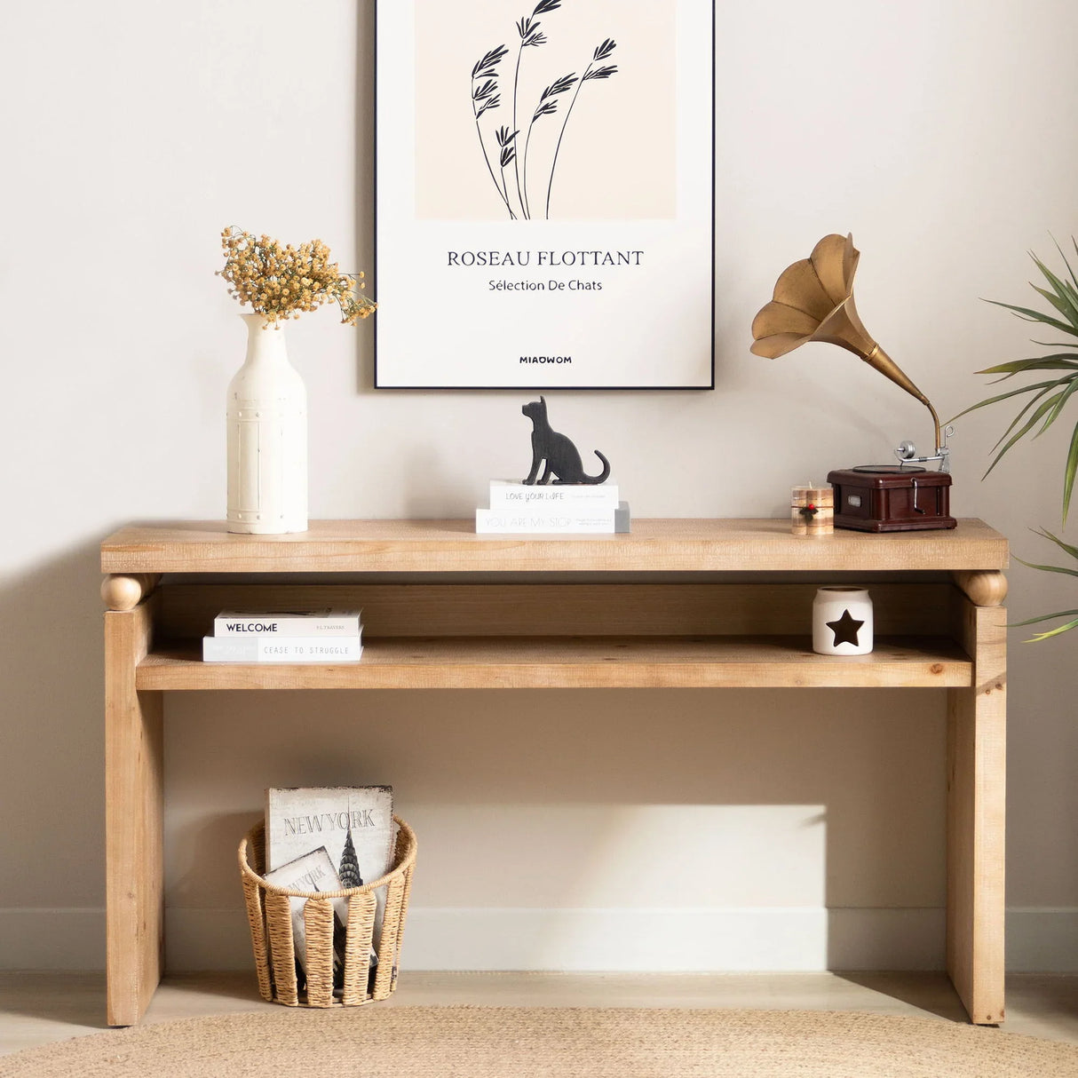 Modern Rustic Console Table, Wood Entryway Table With Shelf & Decorative Bead Detail - Natural - Furniture Home Direct