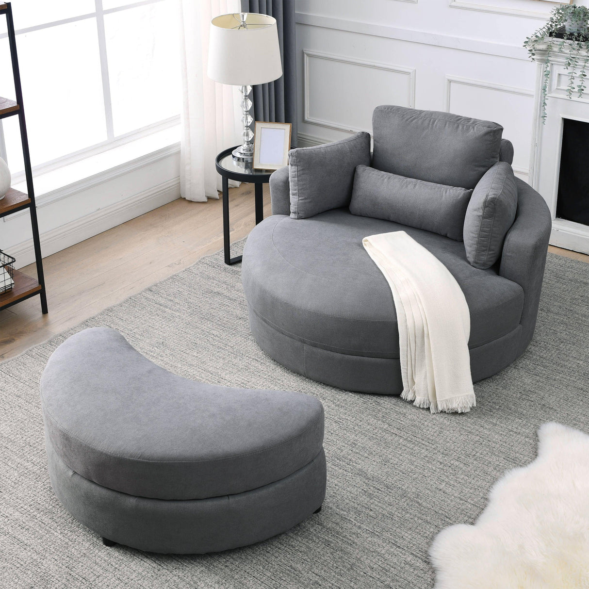 Linen Barrel Swivel Chair With Storage Ottoman - Furniture Home Direct
