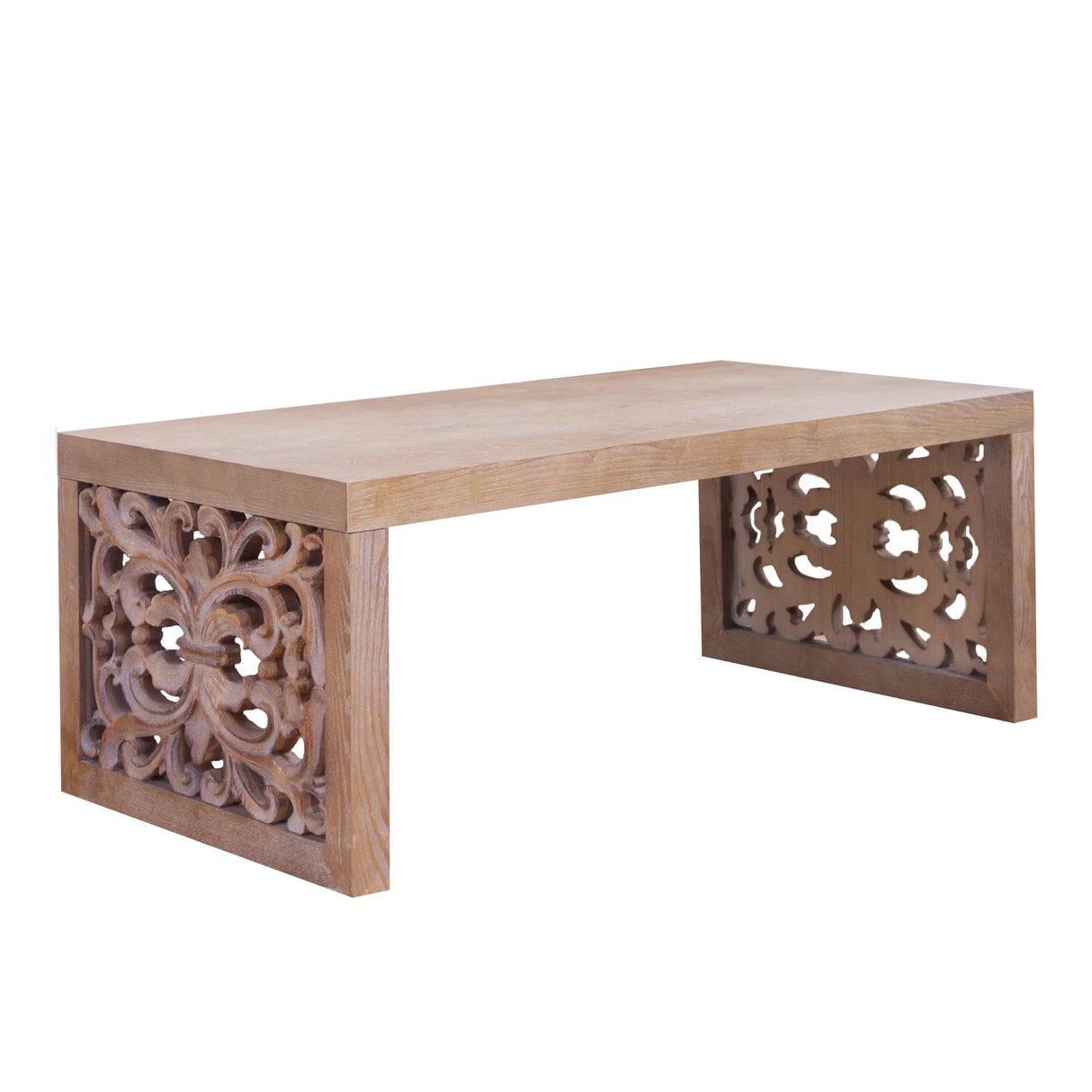 Rustic Carved Wood Coffee Table, Handcrafted Look With Ornate Side Panels - Furniture Home Direct