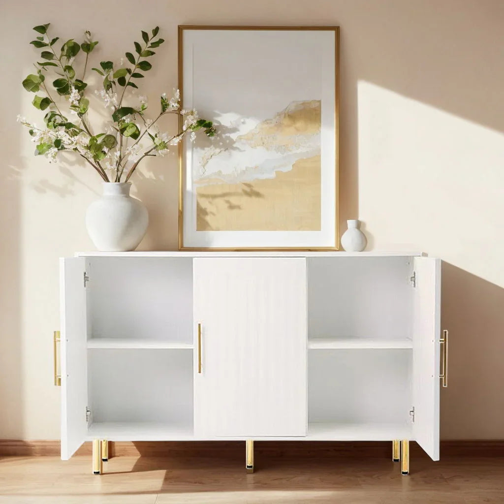 3 Door Large Storage Sideboard With Handles For Kitchen, Dining Room And Living Room, Accent Buffet Cabinet, Coffee Bar Sideboard Cabinet With 3 Doors - White / Gold - Furniture Home Direct