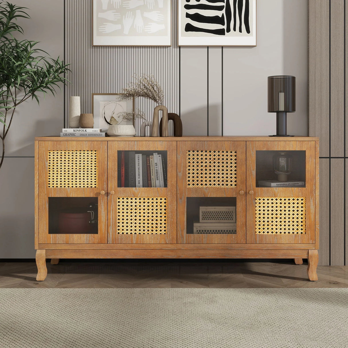 Retro Industrial 4 Door Sideboard With Large Storage, Rattan And Glass Doors - Furniture Home Direct