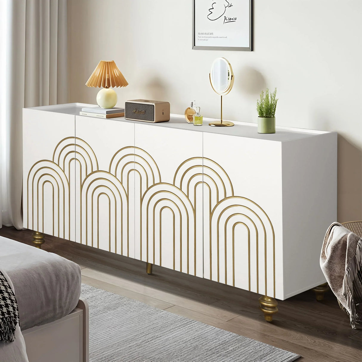 Modern Fluted Sideboard Buffet With Storage, Curve Element, 4 Doors With Adjustable Shelves - Furniture Home Direct