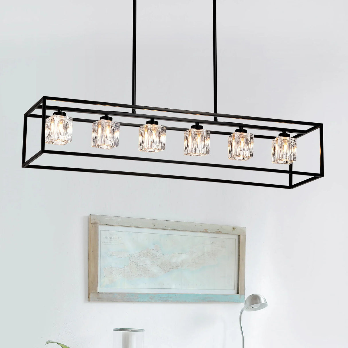 6 Light Farmhouse Chandelier, Modern Industrial Linear Rectangular Crystal Pendant Light Cage Chandelier For Dining Room, Kitchen Island, Bar, Long Table, G9*6 Bulbs Included - Matte Black - Furniture Home Direct