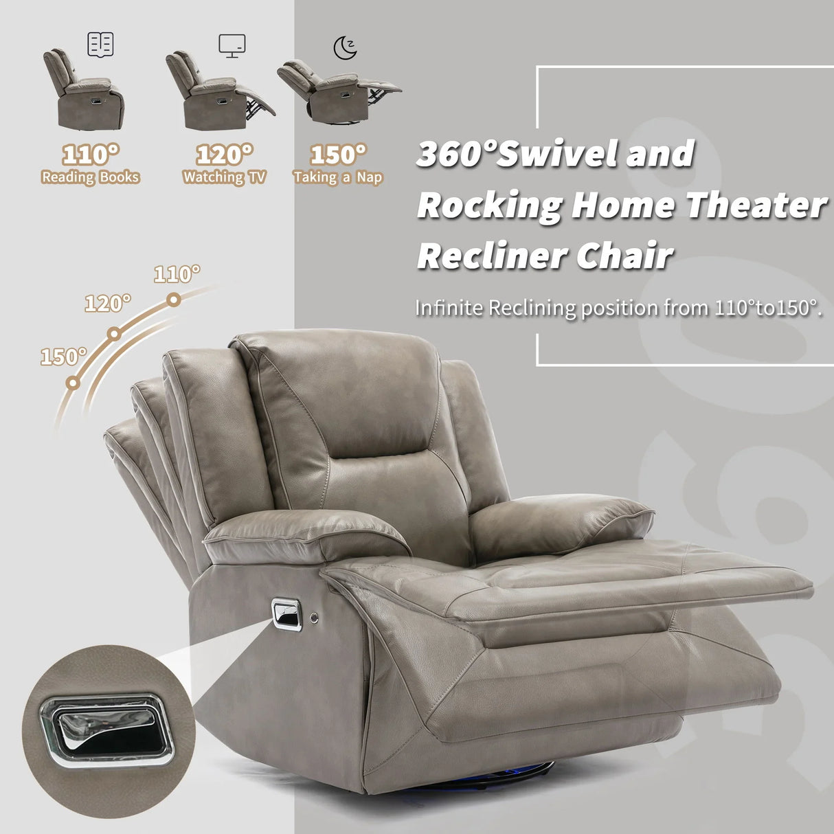 360° Swivel And Rocking Home Theater Recliner Manual Recliner Chair With A LED Light Strip For Living Room - Furniture Home Direct