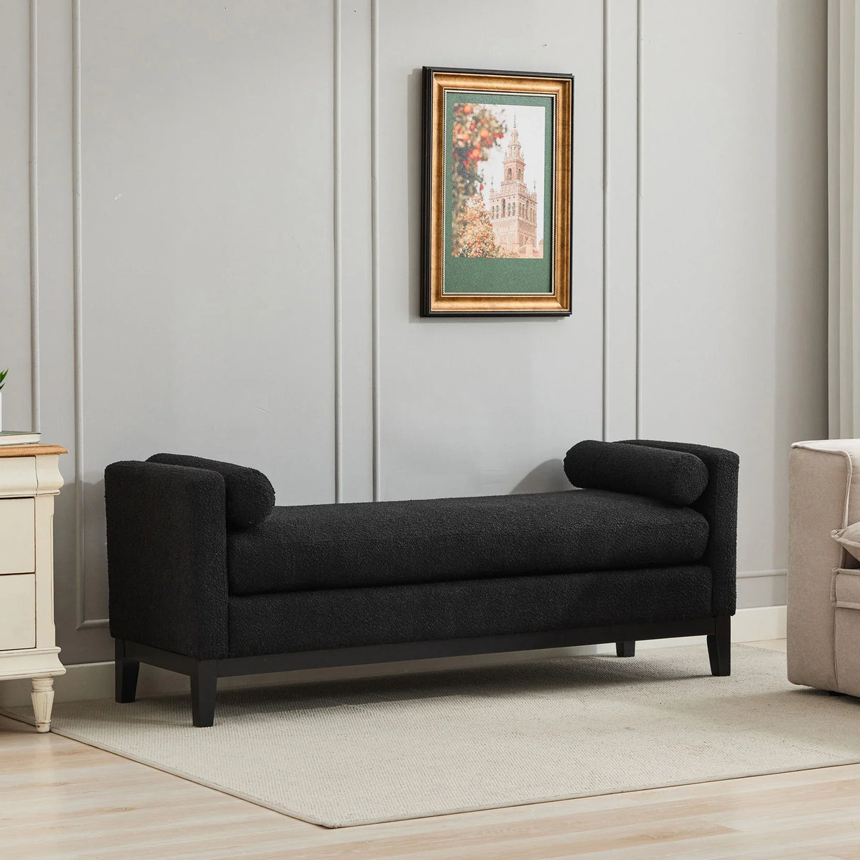 Elegant Upholstered Bench, Daybed, Ottoman With Wood Legs & 2 Bolster Pillows - Black Boucle - Furniture Home Direct
