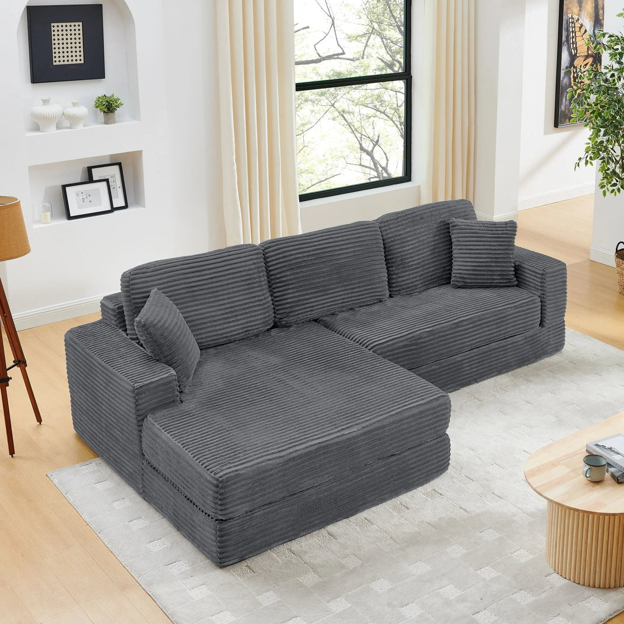 Modern Minimalist L Shape Modular Sectional Sofa, Corduroy Couch - Furniture Home Direct