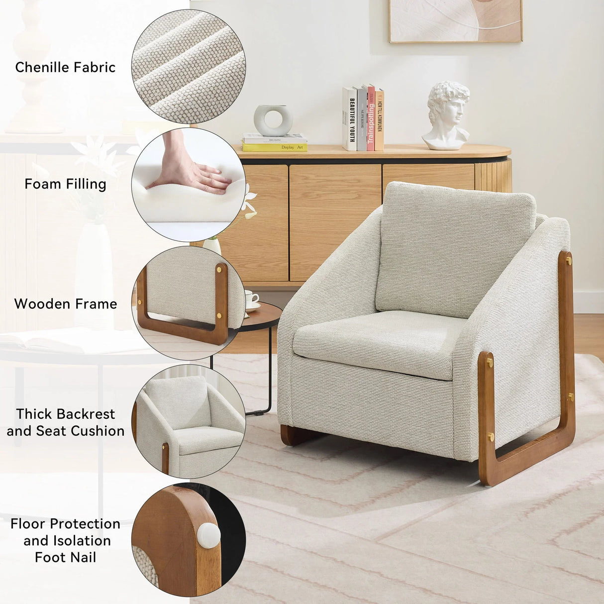 Modern Chenille Upholstered Armchair With Wooden Side Frame - Furniture Home Direct
