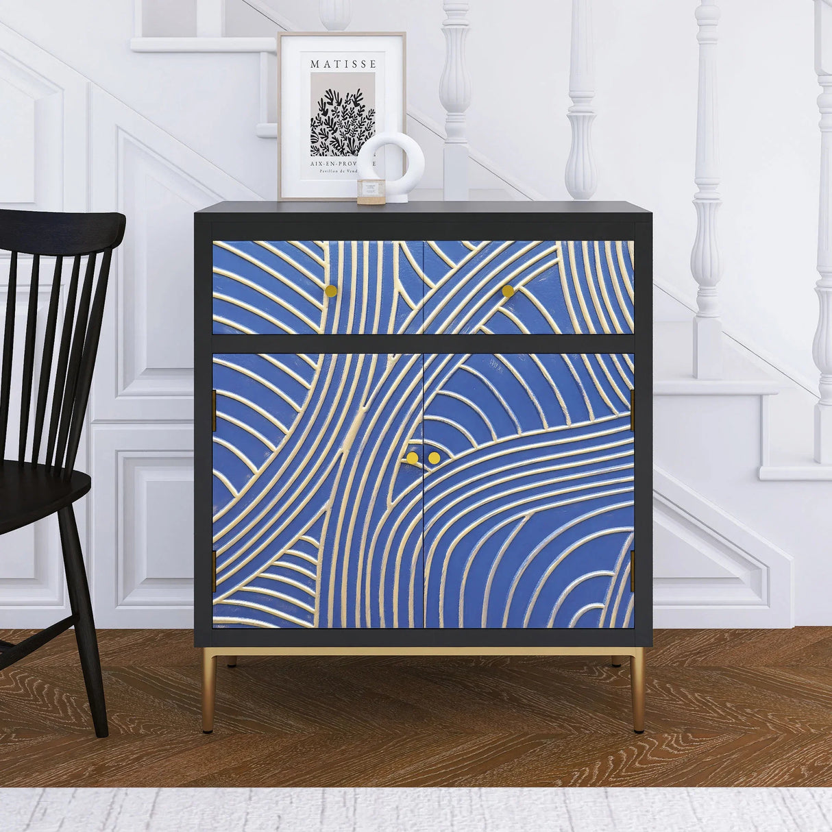 Accent Cabinet With Blue Panels Lacquered Black and Blue - Furniture Home Direct