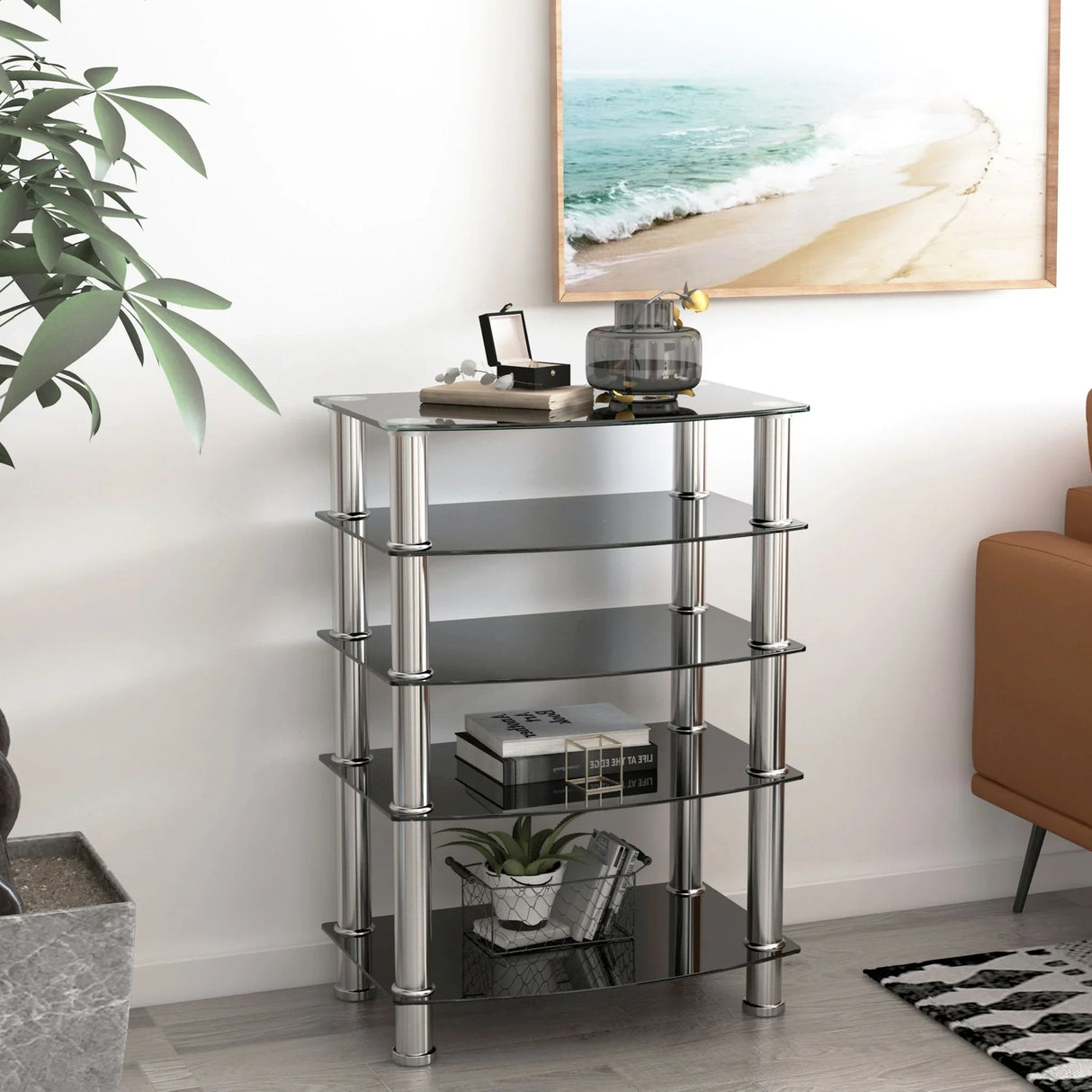 5 Tier Tempered Glass Side Table, Stainless Steel Frame End Table For Living Room, Bedroom - Black - Furniture Home Direct