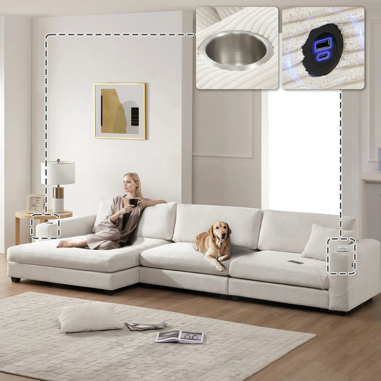 Oversized Sectional L Shaped Cloud Couch With USB Charging Port Cup Holder Deep And Wide Seat Sofa With Chaise Comfy - Furniture Home Direct