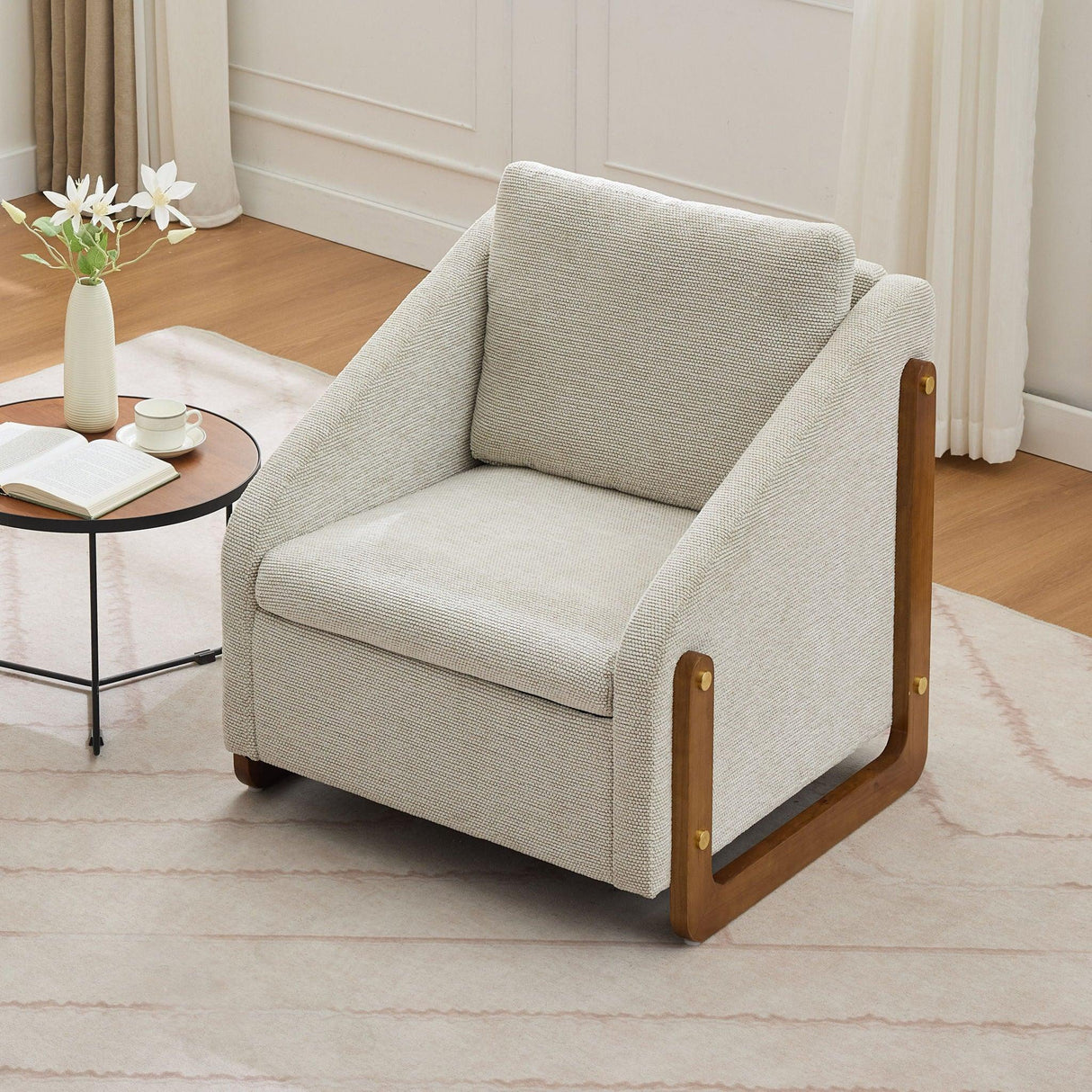 Modern Chenille Upholstered Armchair With Wooden Side Frame - Furniture Home Direct