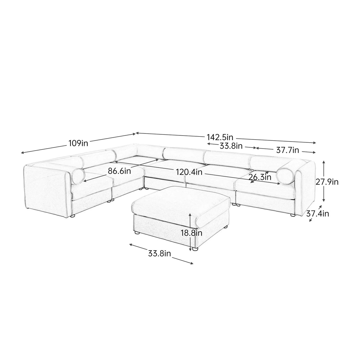 Contemporary Elegant White Chenille Sofa With Storage And Ottoman - Furniture Home Direct