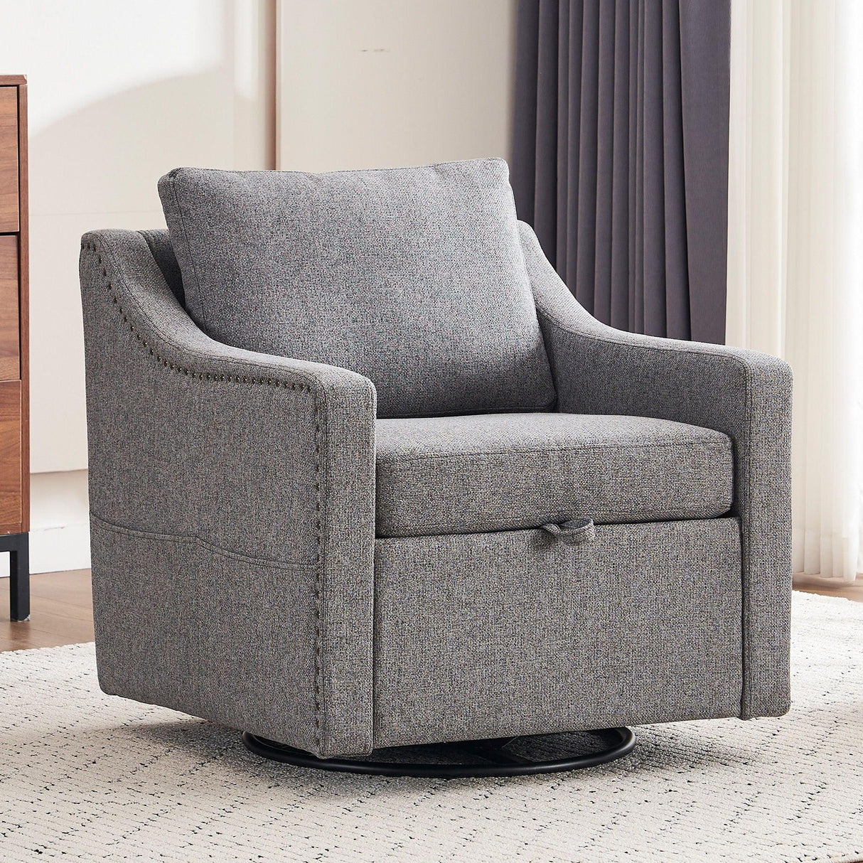 Linen Fabric 360° Swivel Accent Chair With Upholstered Back Pillow And Rivet Armrest - Furniture Home Direct