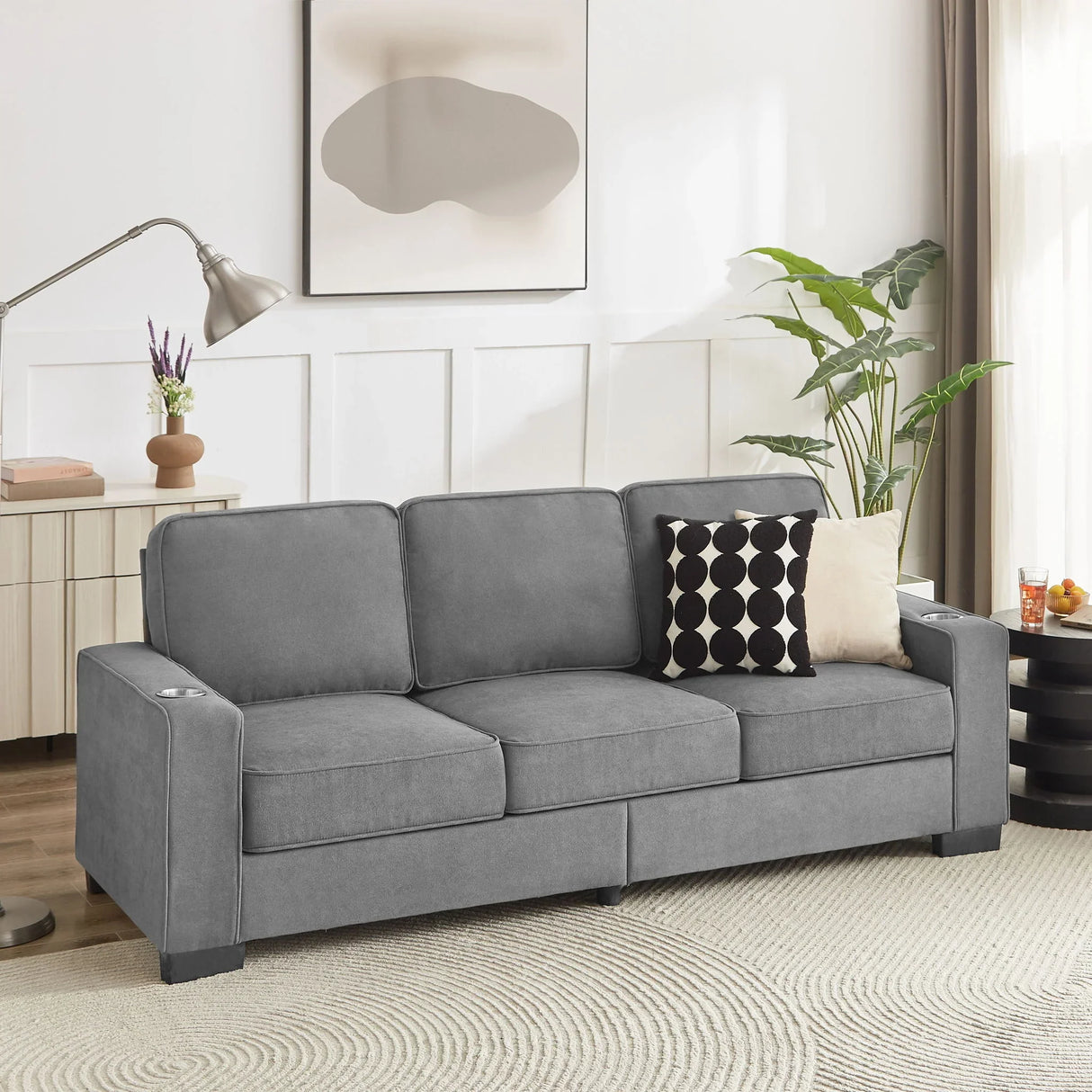 Modern Snowfleece Fabric 3 Seater Sofa With Cup Holder - Furniture Home Direct