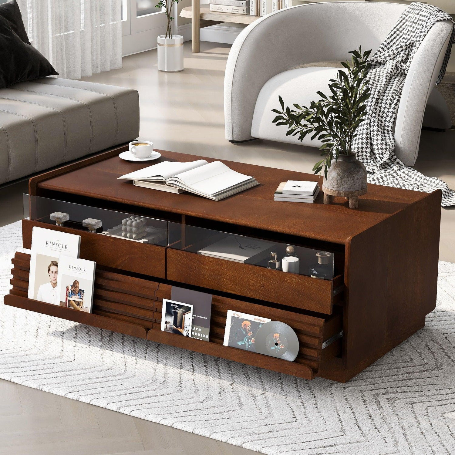 Modern Rectangle Coffee Table With 4 Drawers And 2 Display Shelves - Furniture Home Direct