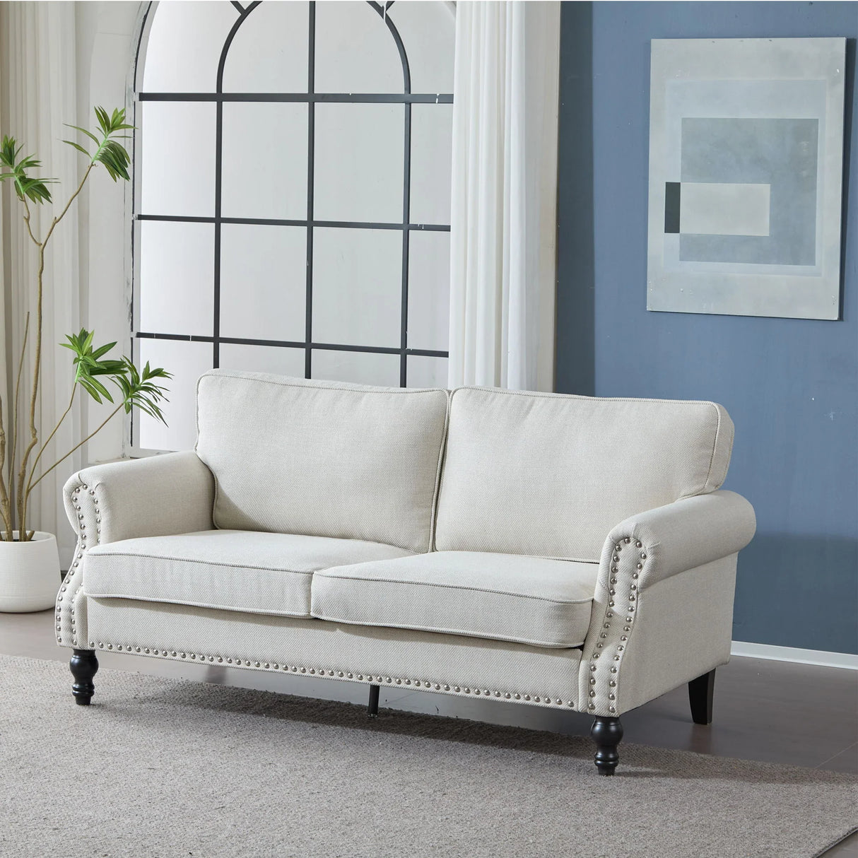 Rolled Arm Sofa With Nailhead Trim With Wooden Legs - Furniture Home Direct