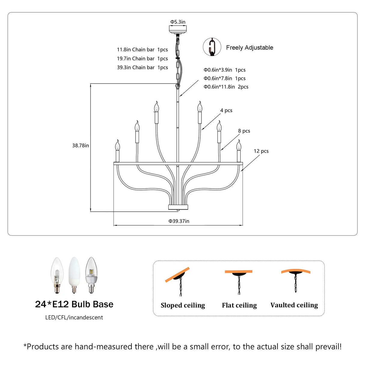 24 Light Chandelier Industrial Iron Candle Chandelier Modern Suspended Farmhouse Chandeliers Pendant Light Fixtures For Dining Room Bedroom Living Room Kitchen Island Foyer E12 Bulb (No Include) - Black - Furniture Home Direct