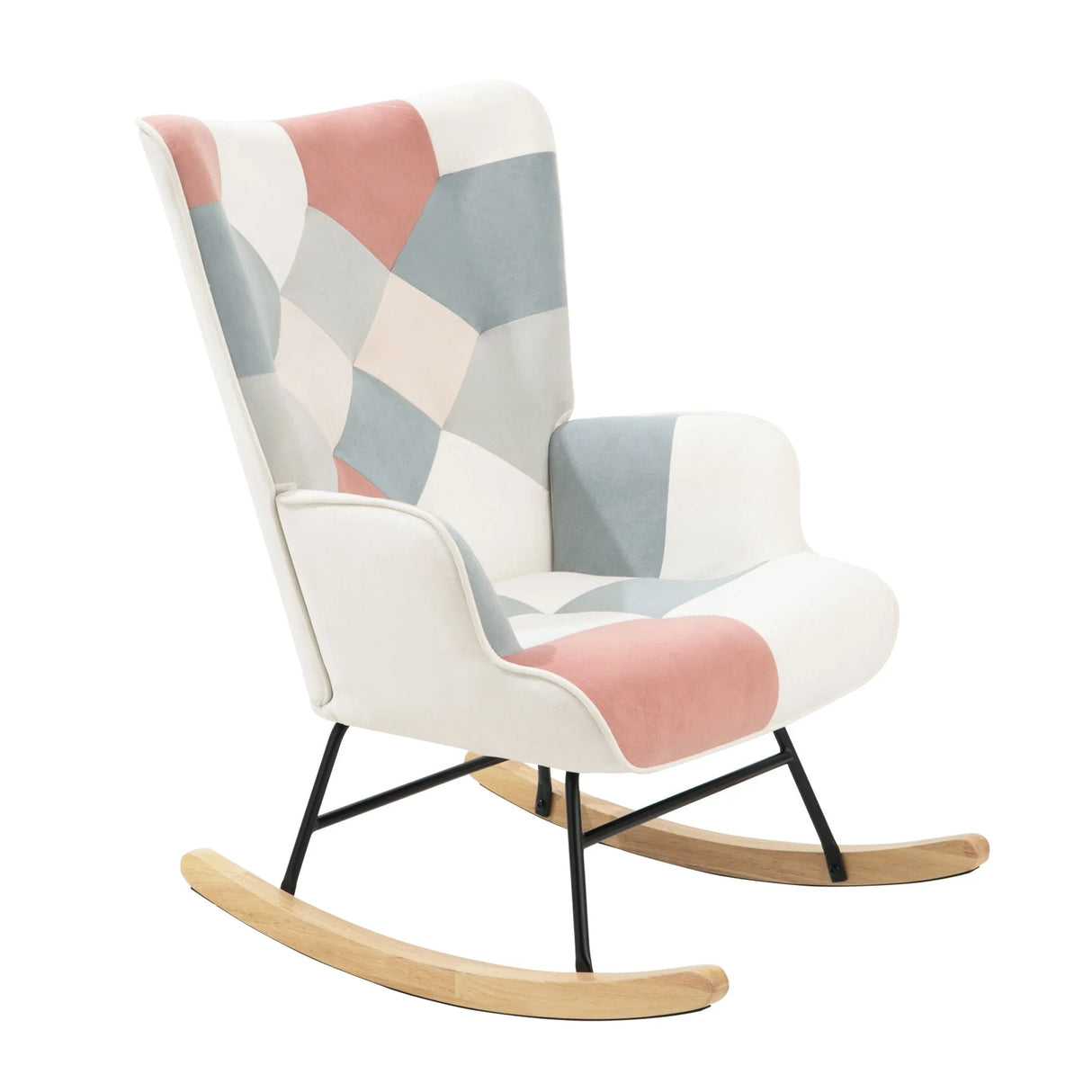 Mid Century Rocking Chair With Ottoman Patchwork Linen Wood Legs Design Living Room And Bedroom - Colorful - Furniture Home Direct