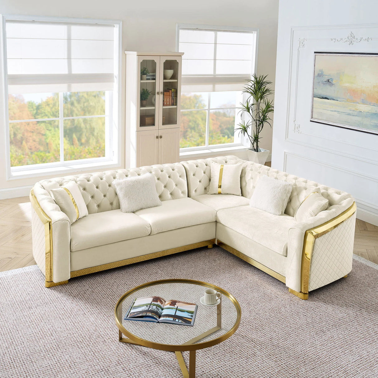 L Shaped Chesterfield Sectional Sofa With Stainless Steel Accents - Furniture Home Direct