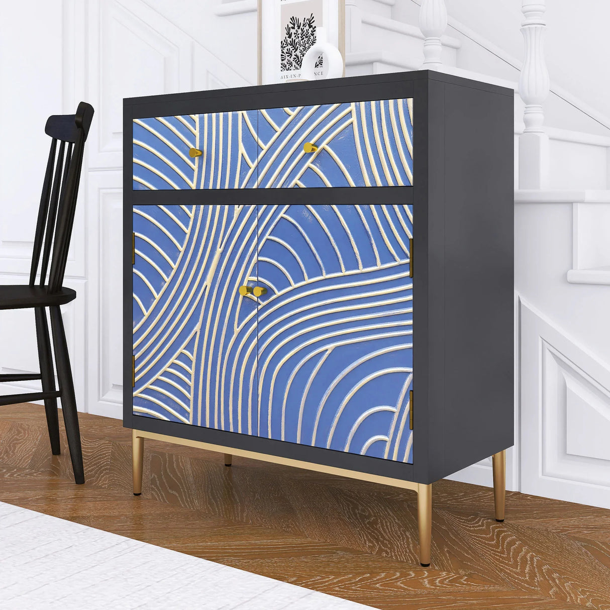 Accent Cabinet With Blue Panels Lacquered Black and Blue - Furniture Home Direct