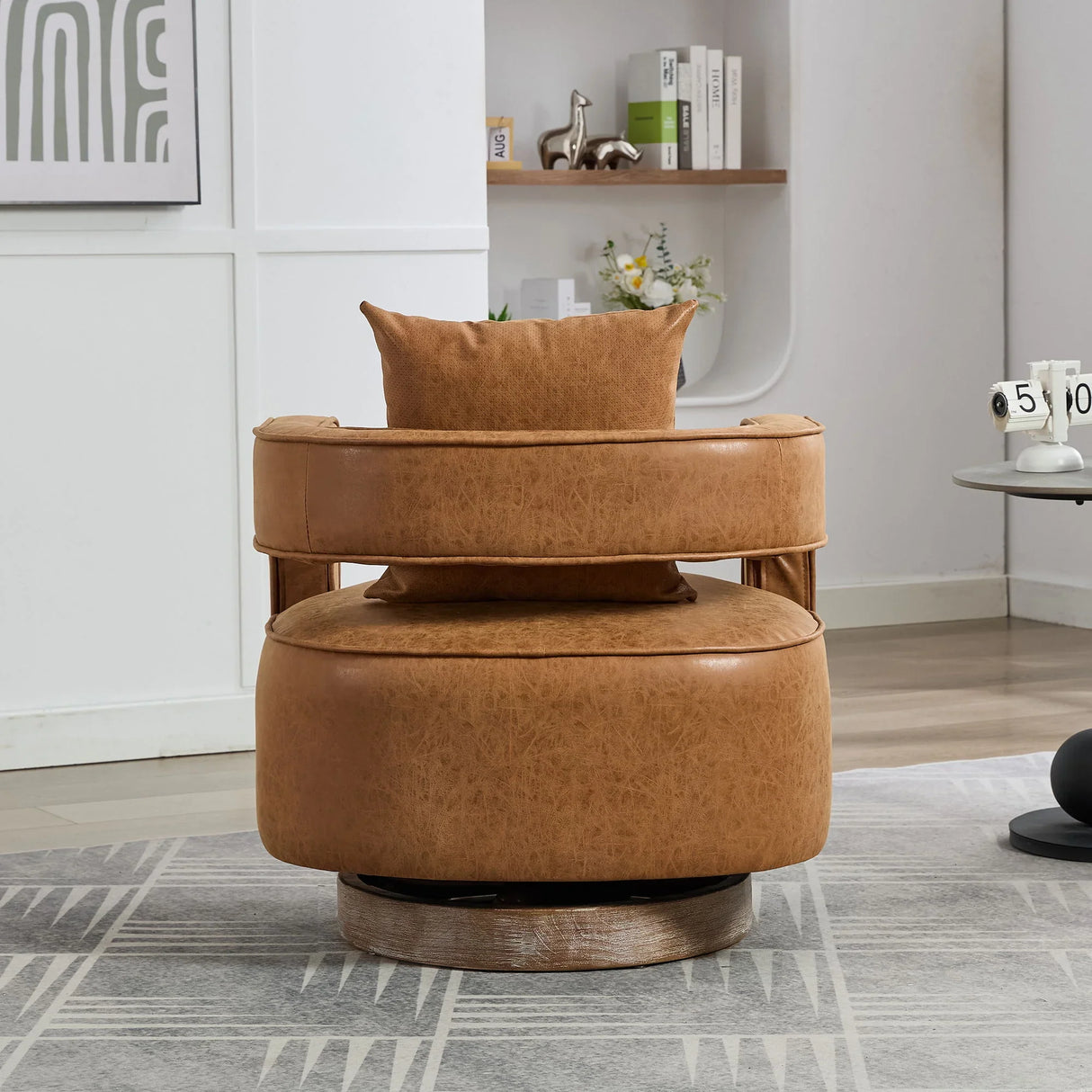 Swivel Accent Open Back Barrel Chair With Weathered Base - Furniture Home Direct