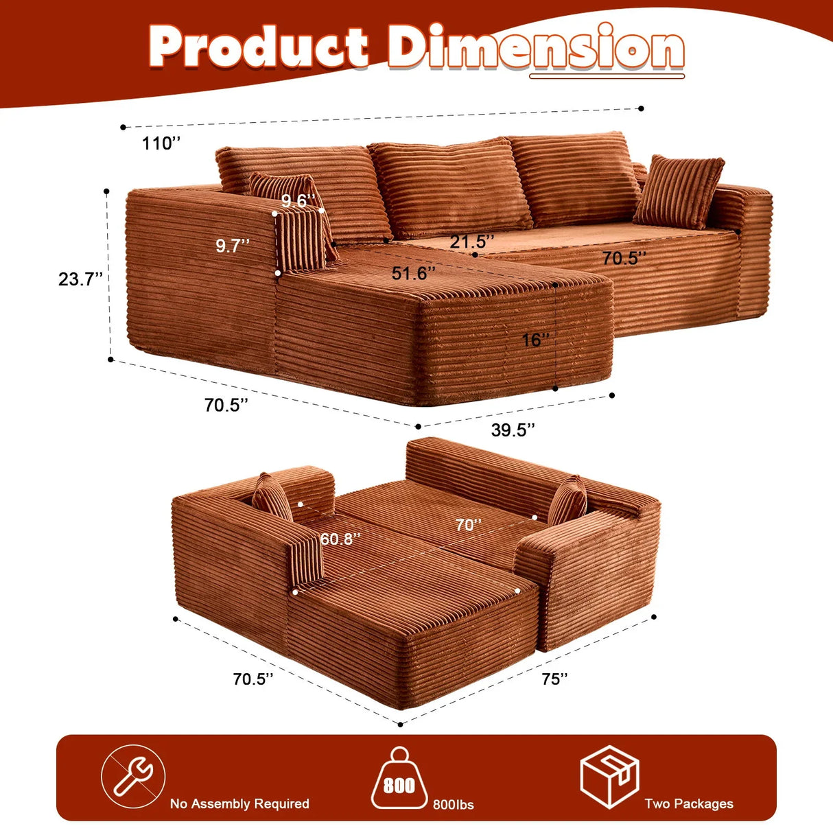 Compression Sectional Couch With Comfy Chaise, Boneless L Shape Sofa With Deep Seat - Furniture Home Direct