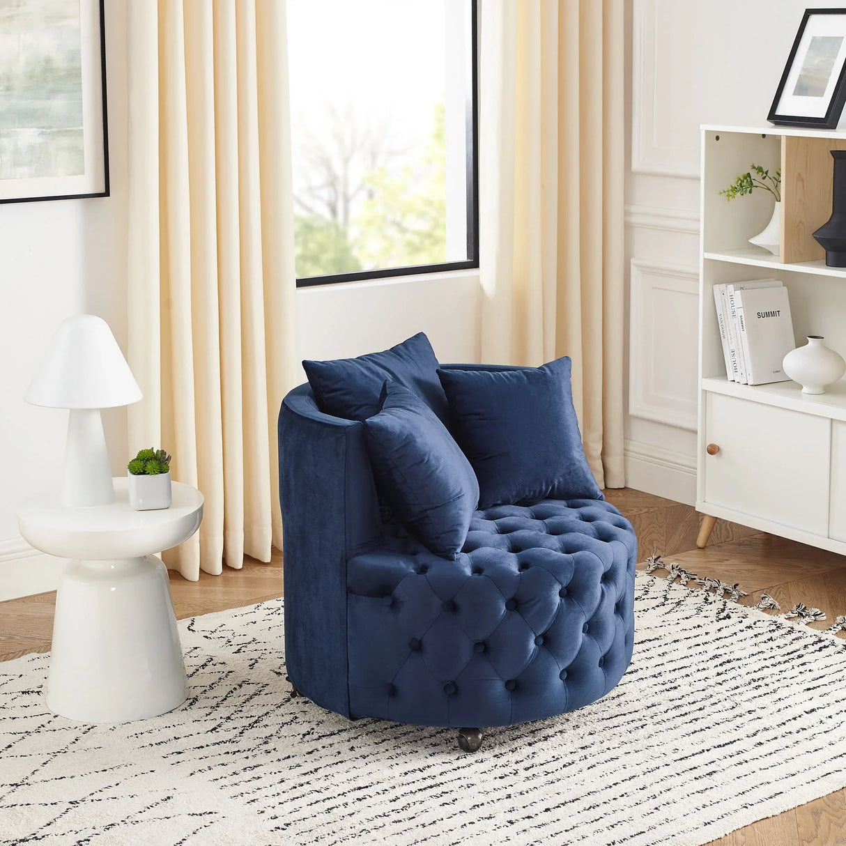 Modern Upholstered Swivel Chair With Button Tufted Design And Movable Wheels - Furniture Home Direct