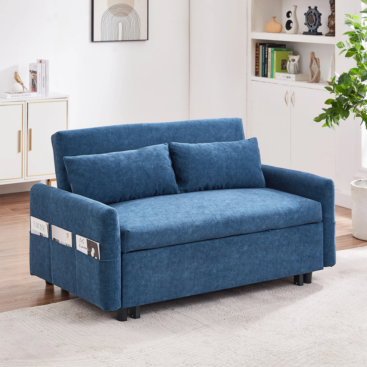 Pull Out Sleep Sofa Bed Loveseats Sofa Couch With Adjsutable Backrest, Storage Pockets, 2 Soft Pillows, USB Ports For Living Room, Bedroom, Apartment, Office - Furniture Home Direct