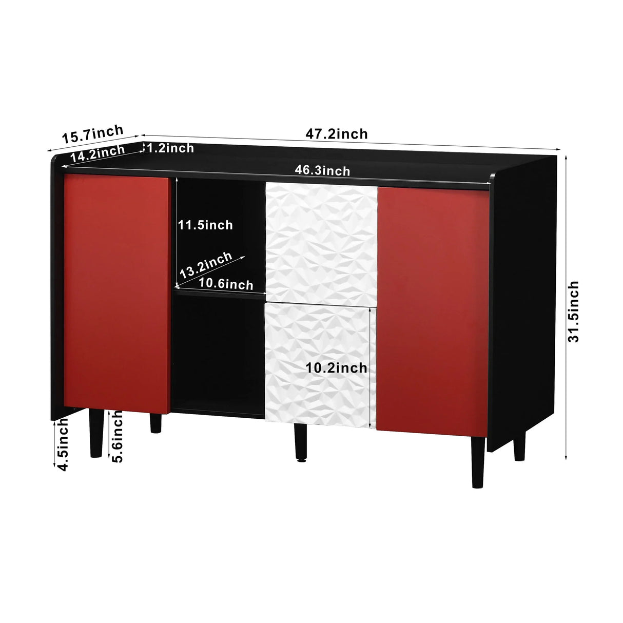 Modern Sideboard Buffet Cabinet With Red Doors And Unique Panel Styling - Furniture Home Direct