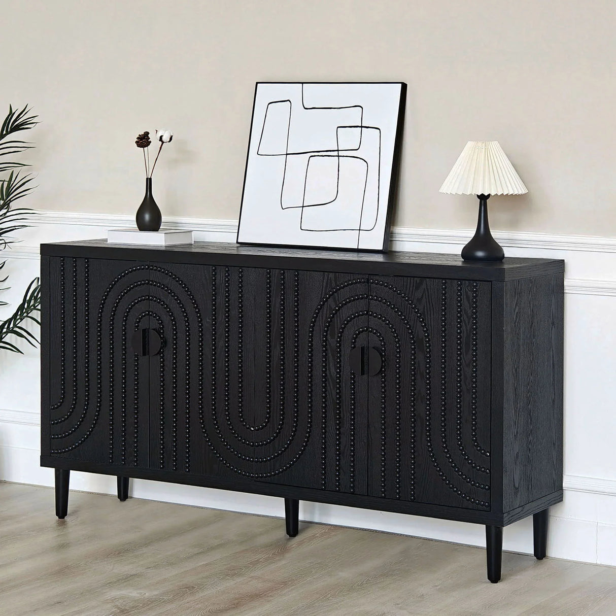 Modern Sideboard Cabinet With Decorative Nailhead Accents, Stylish Storage Solution For Dining, Living Rooms - Black - Furniture Home Direct