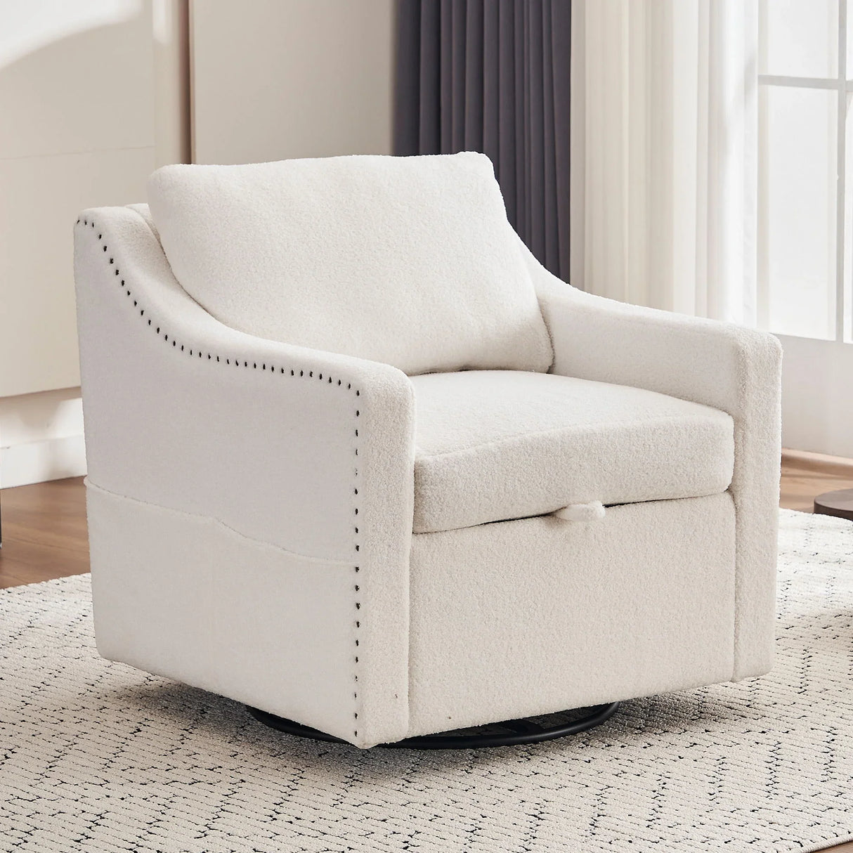 Linen Fabric 360° Swivel Accent Chair With Upholstered Back Pillow And Rivet Armrest - Furniture Home Direct