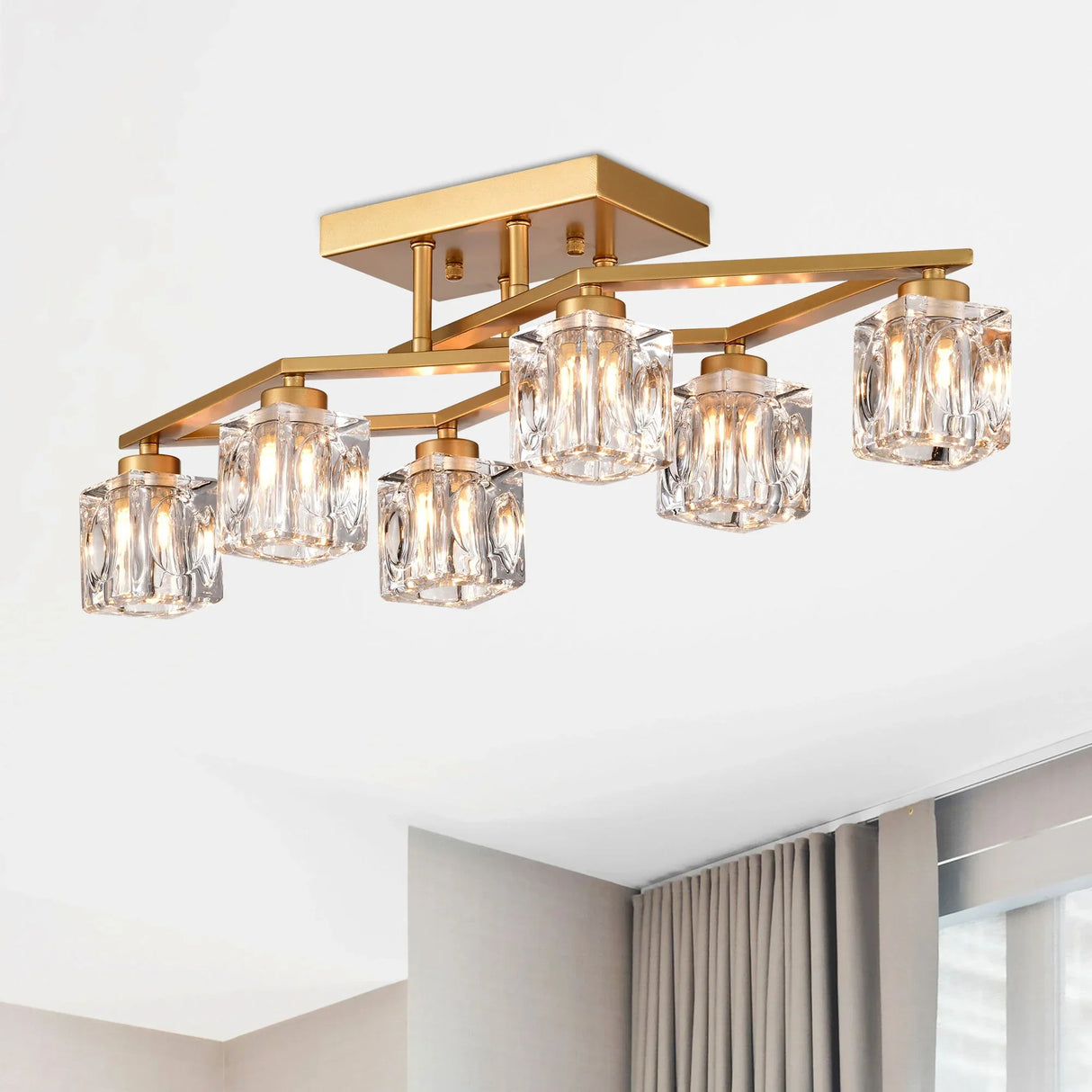 6 Light Crystal Ceiling Light For Dining Room, Modern Ceiling Lamp With Light Fixture For Entryway, Lobby, Kitchen, Bedroom, Living Room, Conference Room, (6*G9 Bulbs Included) - Furniture Home Direct
