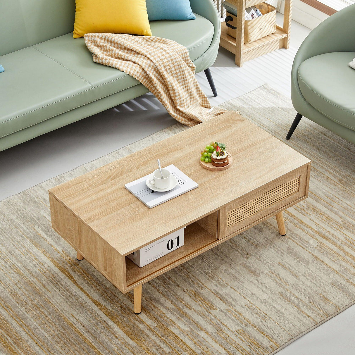 41.34" Rattan Coffee Table, Sliding Door For Storage, Solid Wood Legs, Modern Table For Living Room - Furniture Home Direct