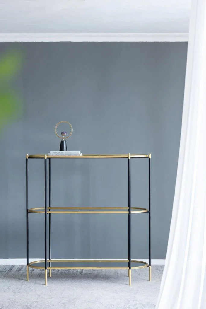 3 Tier Metal Console Table, Mirrored Shelf - Golden Black - Furniture Home Direct