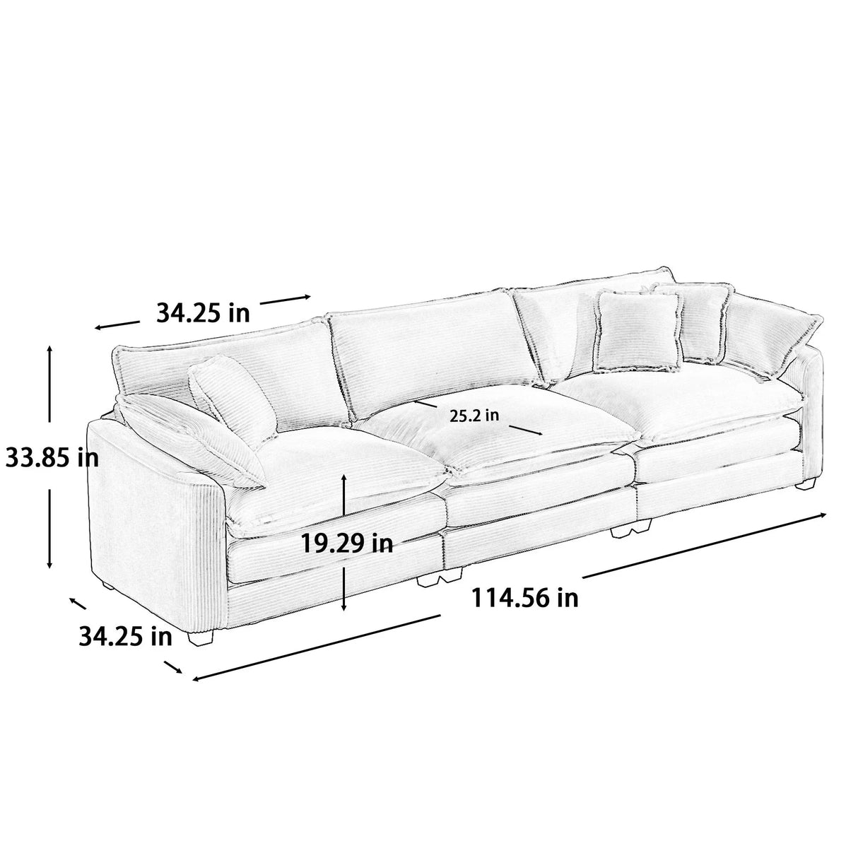 Mid-Century Modern 3 Seater Sectional Sofa With Arm And Throw Pillows - Furniture Home Direct