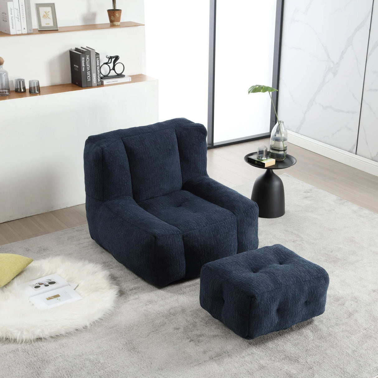 Modern Indoor Fluffy Bean Bag Chair With Memory Foam And Ottoman, Super Soft - Furniture Home Direct
