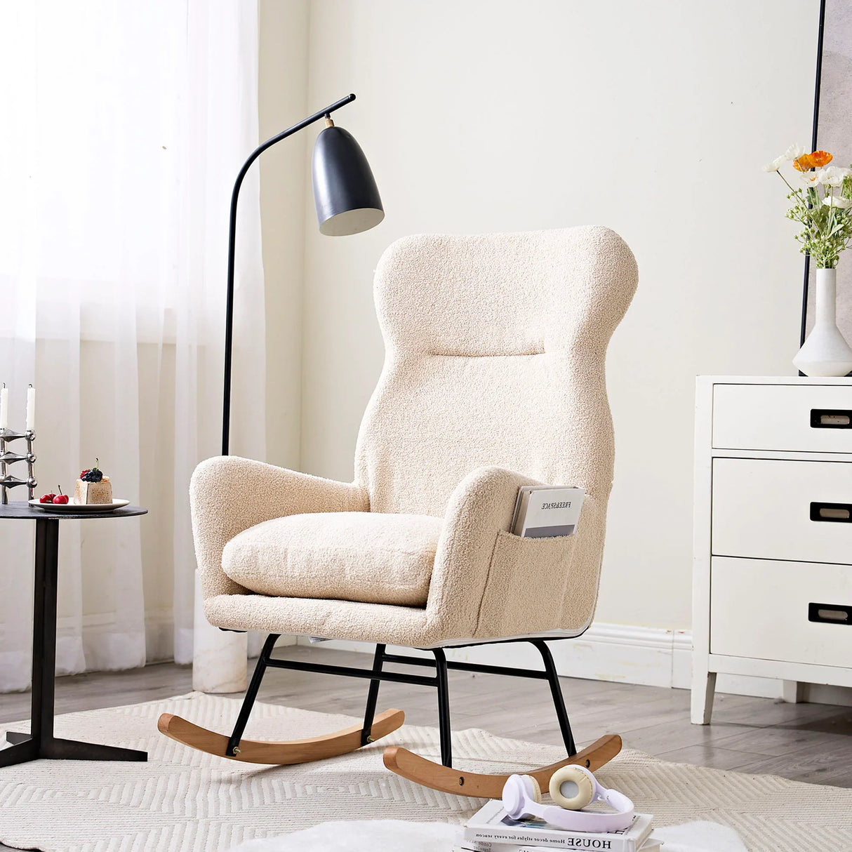 Modern Teddy Fabric Rocking Chair With High Backrest And Armrests Lounge Accent Chair For Living Room - Beige - Furniture Home Direct
