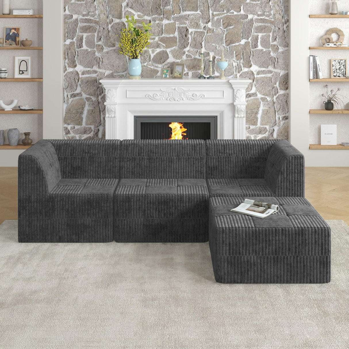 Modern Minimalist L Shape Modular Sectional Sofa, Sleeper Corduroy Couch - Furniture Home Direct