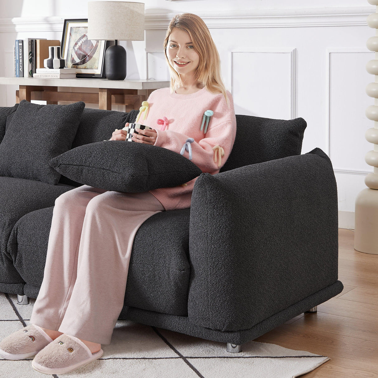 Sherpa Sofa With Metal Legs and 3 Pillows - Furniture Home Direct