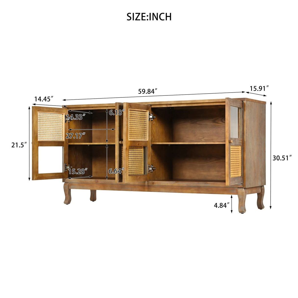 Retro Industrial 4 Door Sideboard With Large Storage, Rattan And Glass Doors - Furniture Home Direct