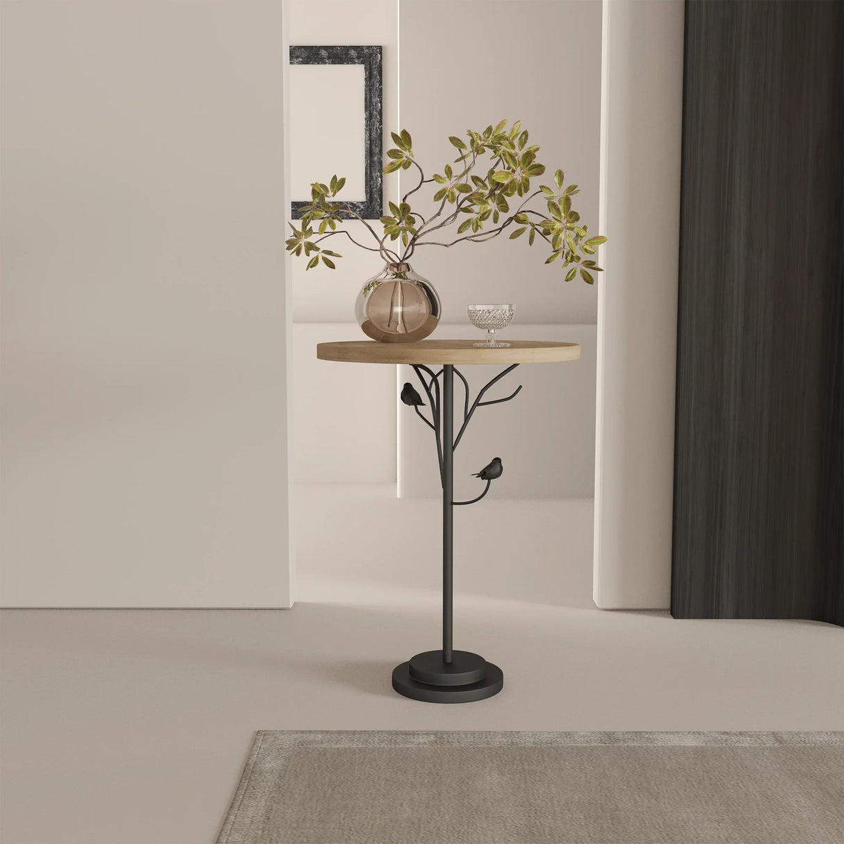 Round Side Table Metal Base With Wooden Top Natural - Furniture Home Direct