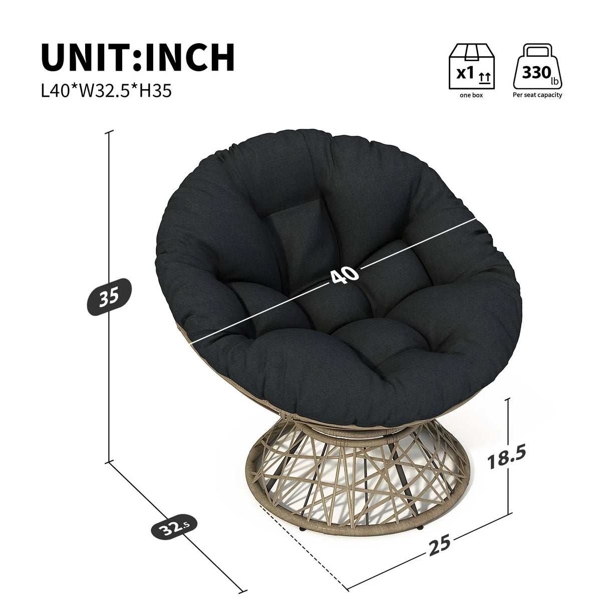 Ergonomic Wicker Chair With Cloud Thick Density Cushion, 3 Proof Cover High Capacity Iron Frame Fluid 360° Swivel - Furniture Home Direct