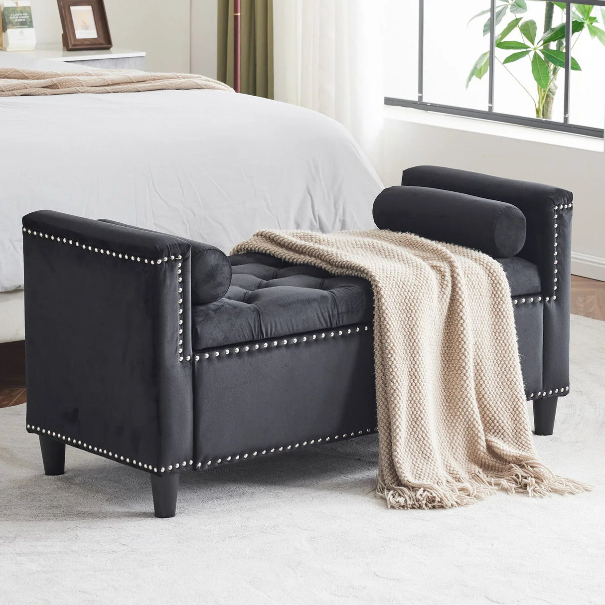 Queen Velvet Button Bedside Storage Bench With Armrests, Nailhead Trim - Furniture Home Direct