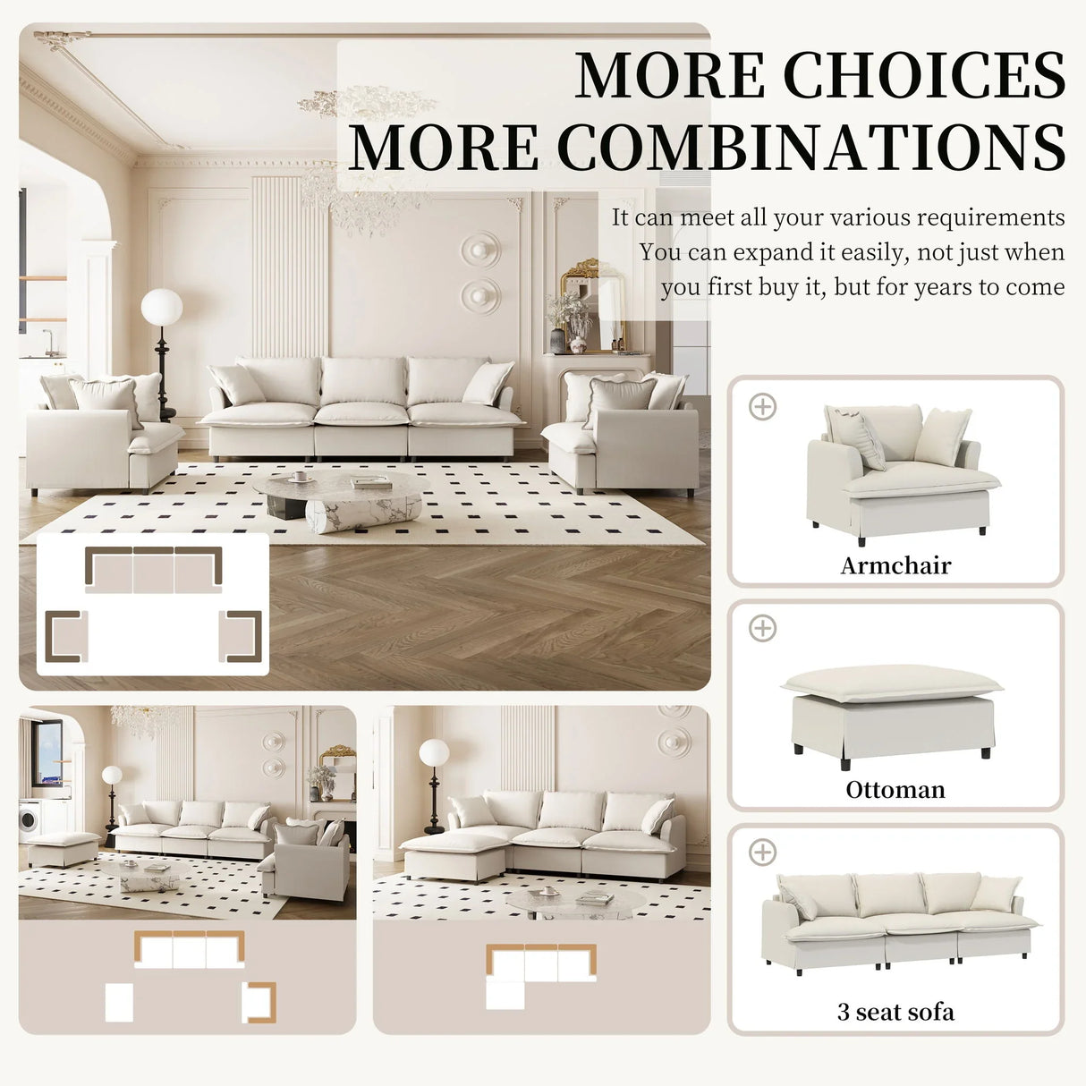 Living Room Set Modular Sectional Couch, Upholstered Sofa & Armchair & Movable Ottoman - Furniture Home Direct