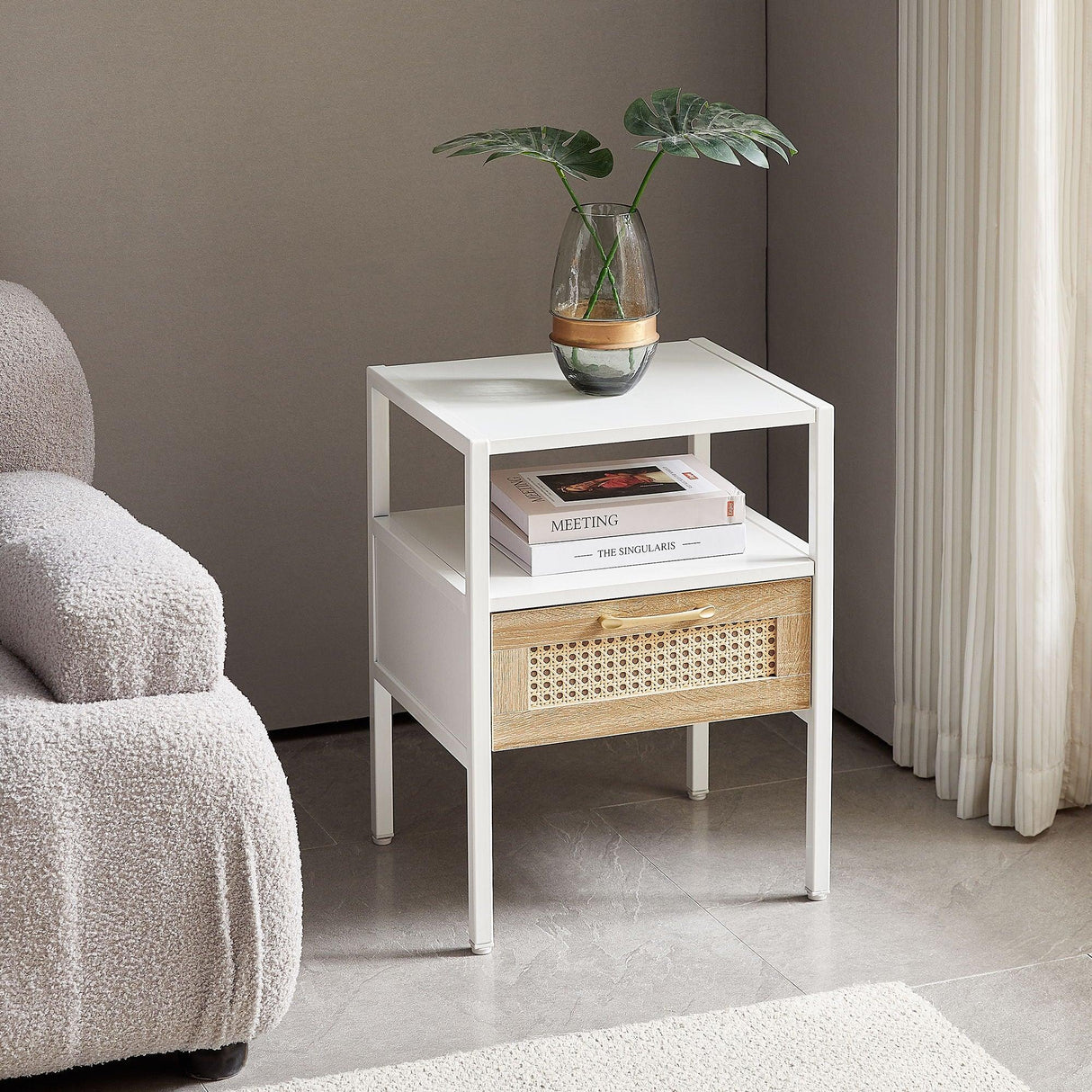 Rattan End Table With Drawer, Modern Nightstand, Metal Legs, Side Table For Living Room, Bedroom - Furniture Home Direct