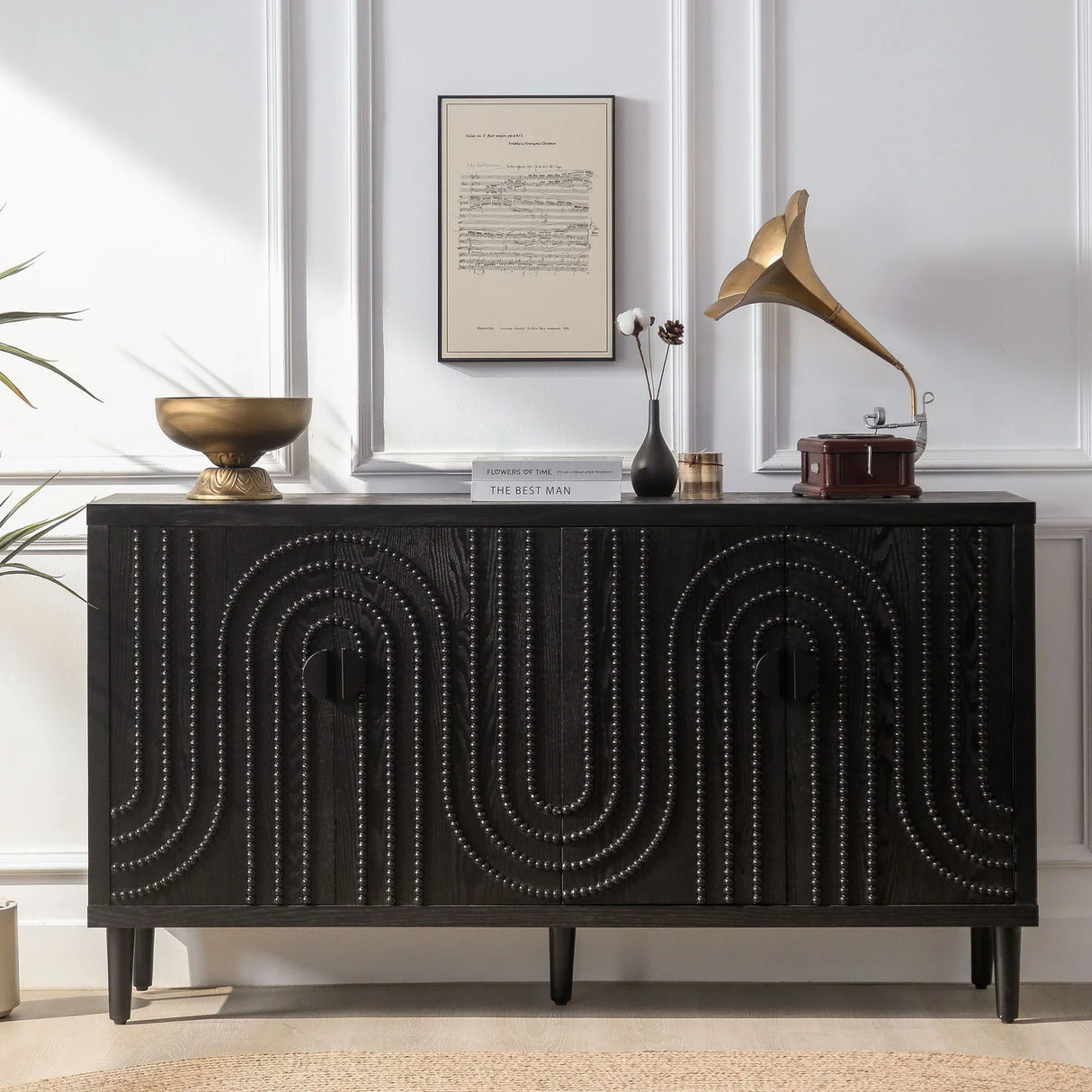 Modern Sideboard Cabinet With Decorative Nailhead Accents, Stylish Storage Solution For Dining, Living Rooms - Black - Furniture Home Direct